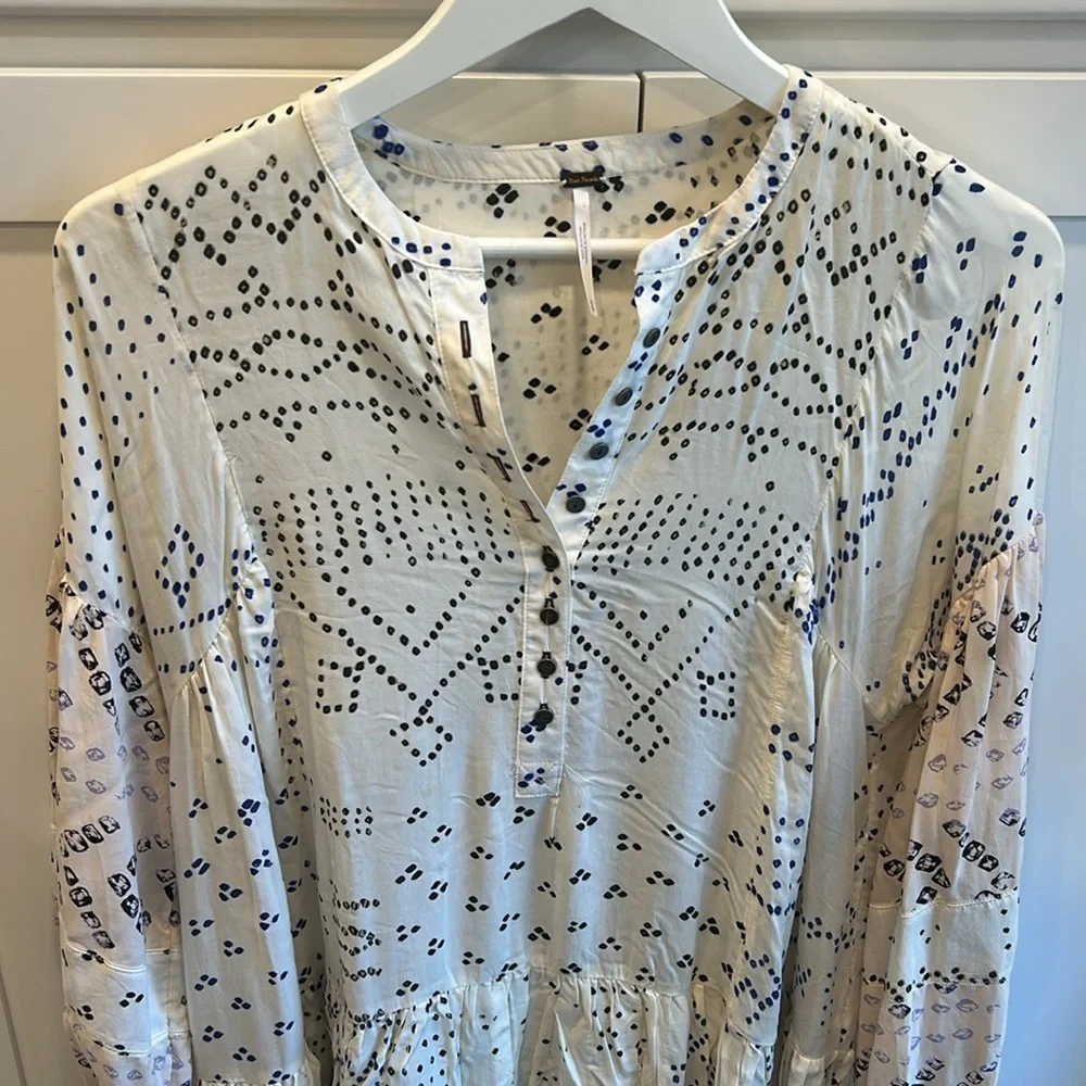 Free People Shibori Ivory Print Long Sleeve Button-Up Tunic Boho Festival XS